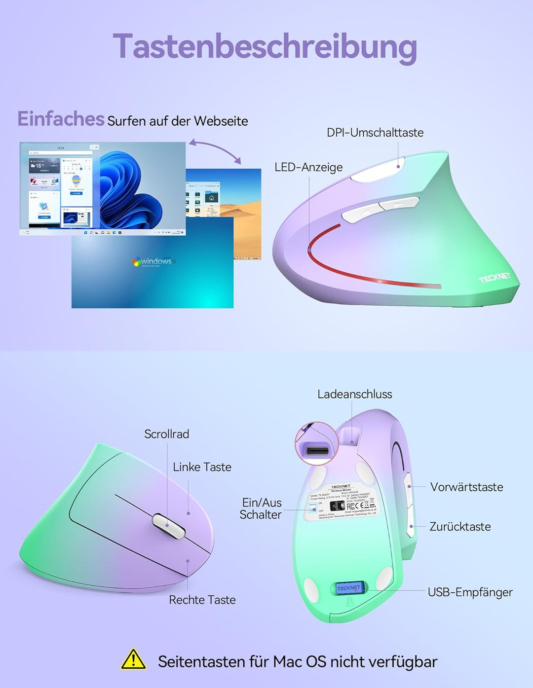 TECKNET Wiederaufladbar Ergonomische Maus Kabellos, 2.4G Optische Vertikale Maus Ergonomisch, 5 Eins
