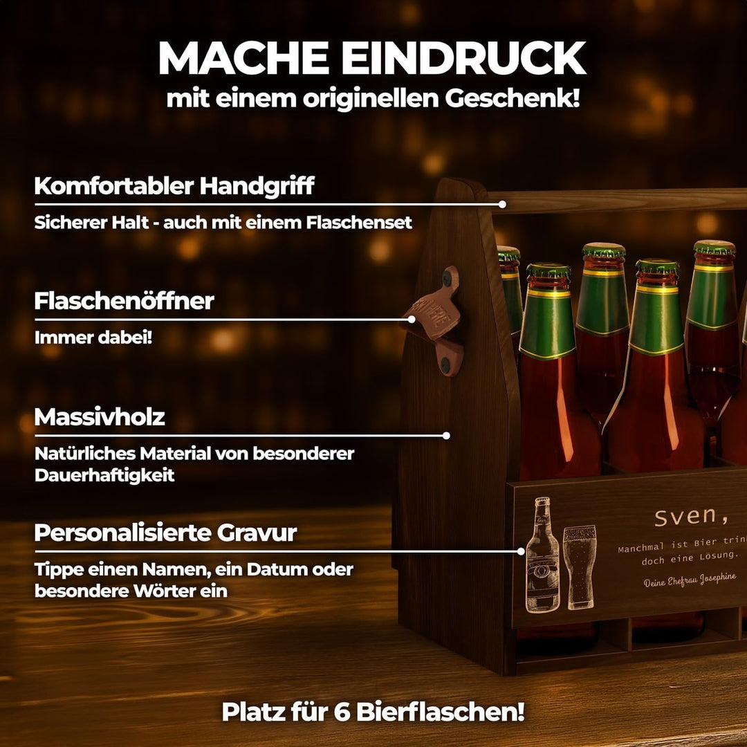 Maverton Bierträger für 6 Flaschen 0,5L + Gravur - Männerhandtasche mit Flaschenöffner - Grösse: 25x