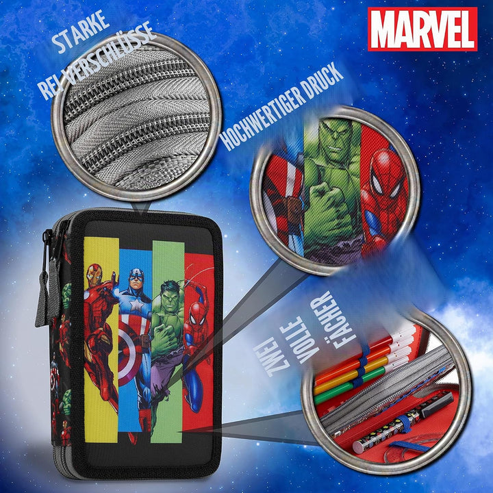Marvel Federmäppchen für Jungen, Federmäppchen, Fächer, gefüllt, für Schule, Filz, Buntstift, Gesche