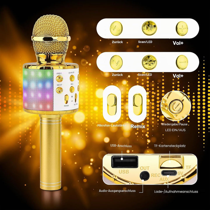 ShinePick Drahtloses Bluetooth Karaoke Mikrofon für Kinder - Tragbare LED 4 in 1 Sing Microphone für