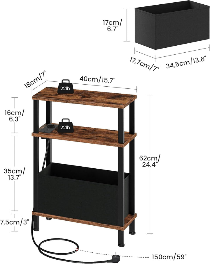 3-stufiger schmaler Beistelltisch mit Ladestation für kleine Räume, Nachttisch mit herausnehmbarer S