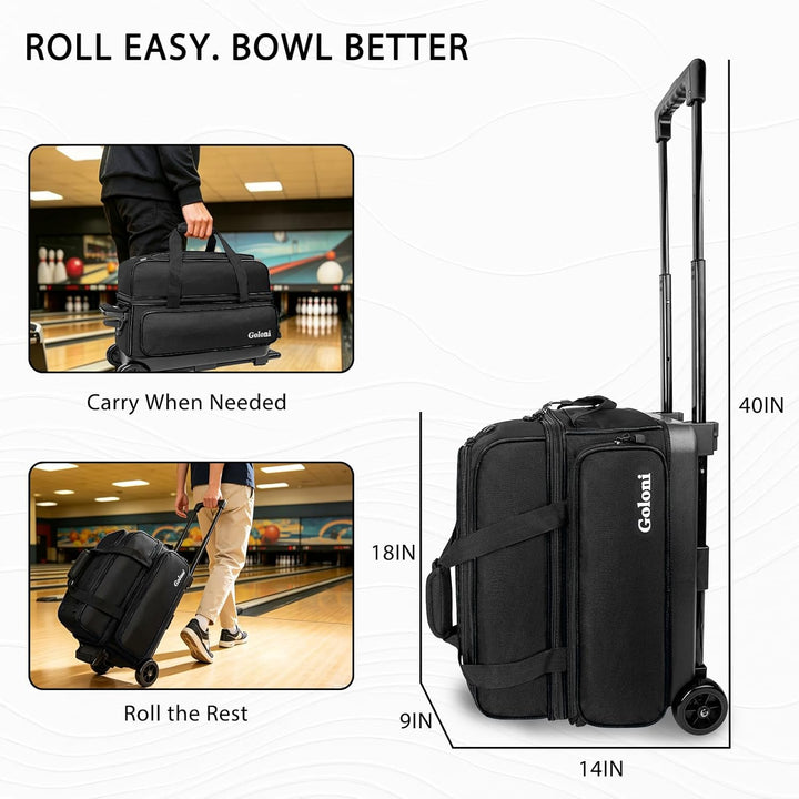 Goloni Bowling Roller Taschen,Bowling Ball Tasche,zwei Ball Bowling Tasche mit Rädern Schwarz, Schwa