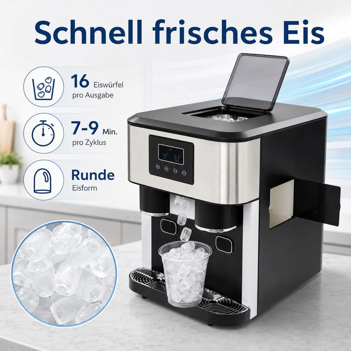 ‌3-in-1 Eismaschine mit Crushed Ice & Kaltwasser, 600g/16 Eiswürfel, 7-9 Min Schnellbereitung, LCD-D