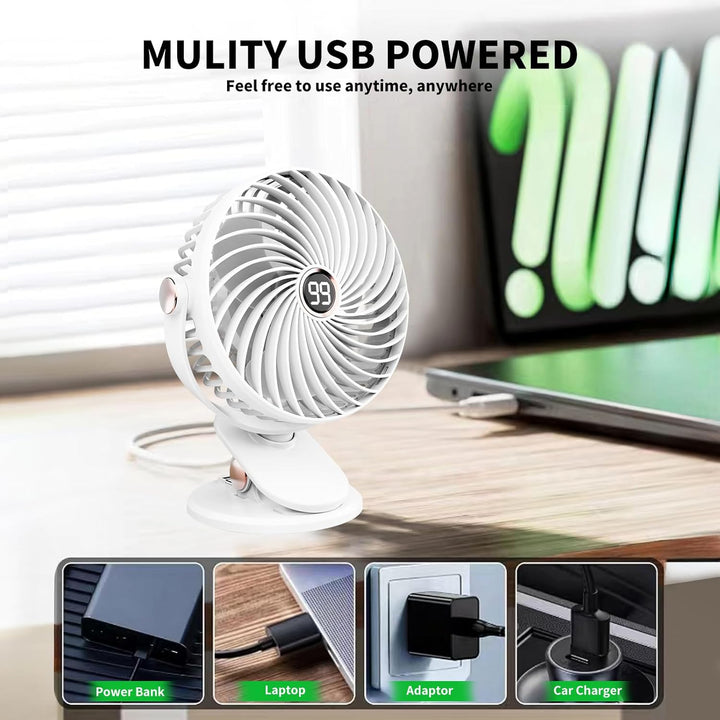 Schreibtischventilator, Mini-Ventilator, USB, leise, mit LCD-Display, 6000 mAh, kleiner Ventilator,