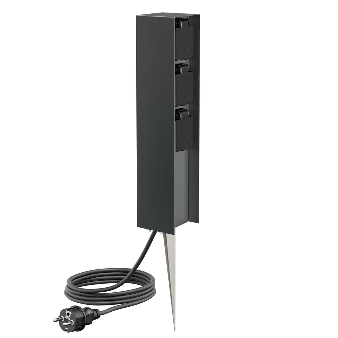 ledscom.de Garten-Steckdosen-Säule POMI mit Erdspiess und 2m Kabel für aussen, IP44, 3-Fach, anthraz