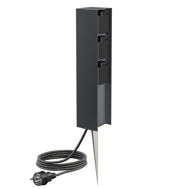 ledscom.de Garten-Steckdosen-Säule POMI mit Erdspiess und 2m Kabel für aussen, IP44, 3-Fach, anthraz