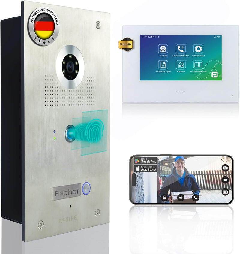 MATHFEL 4 Draht Videotürsprechanlage mit Fingerprint, 170° Weitwinkel-Fischaugen-Kamera in Edelstahl