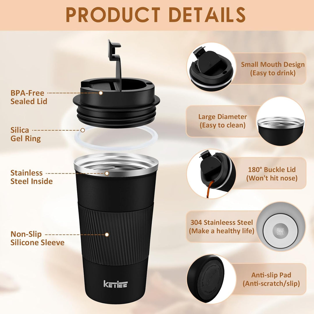 KETIEE Kaffeebecher to go,510ml Thermobecher Kaffee-to-go,Kaffeebecher Thermo,Doppelwandig Reisebech