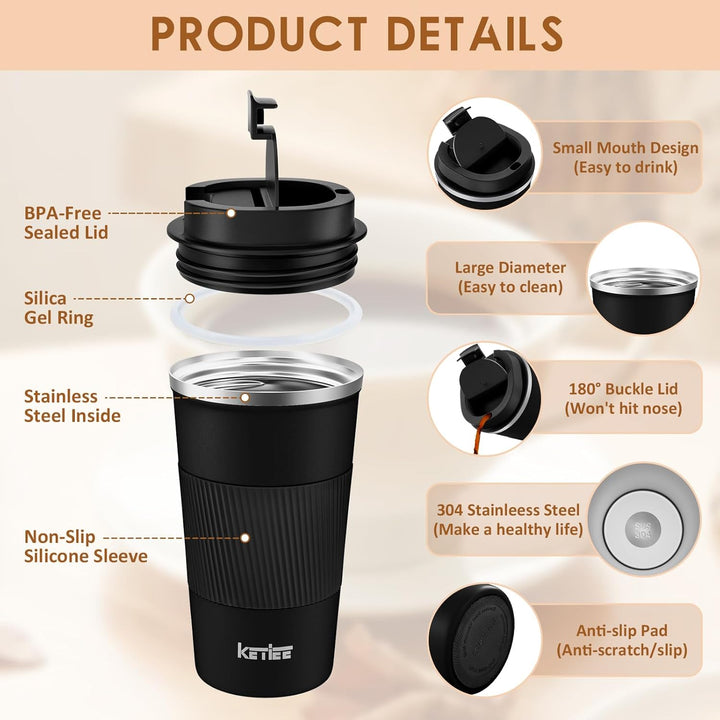 KETIEE Kaffeebecher to go,510ml Thermobecher Kaffee-to-go,Kaffeebecher Thermo,Doppelwandig Reisebech