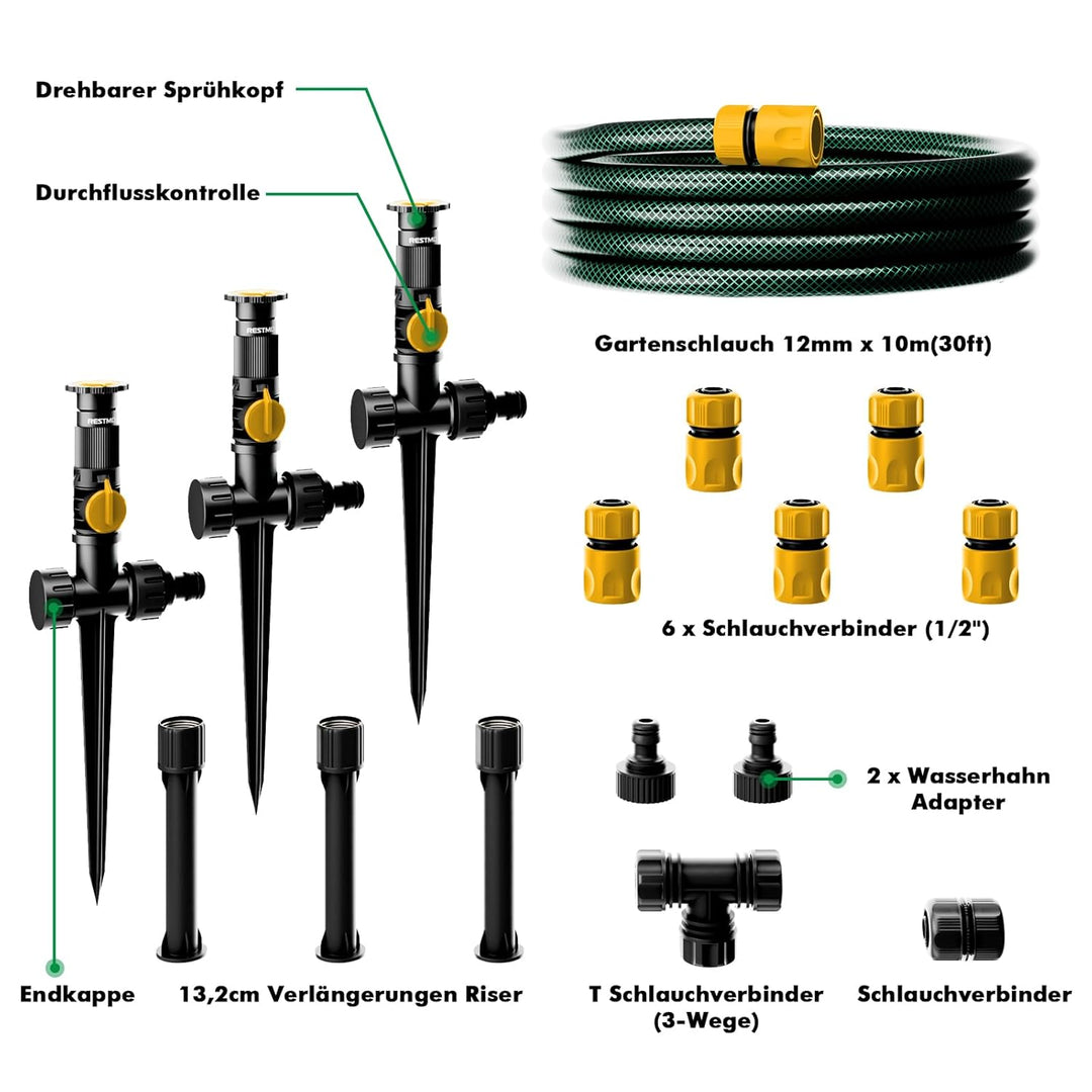 RESTMO Rasensprenger mit Erdspiess zur Gartenbewässerung, Mehrfach einstellbares Rasensprinkler, Fle