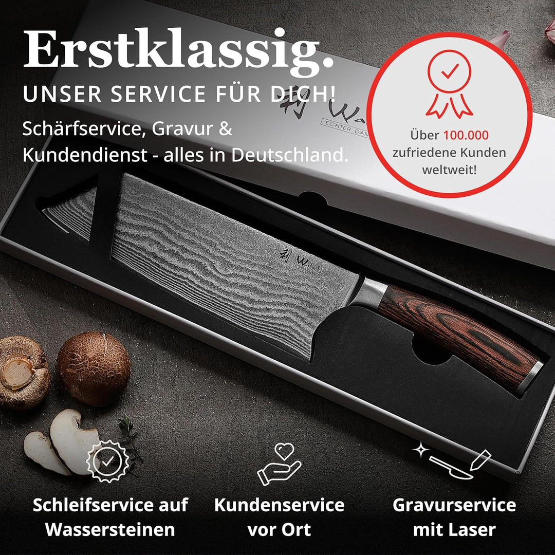 Wakoli EDIB Chinesisches Kochmesser aus echtem Damaststahl (VG10 Kern) mit 19 cm Klinge – Scharf & a