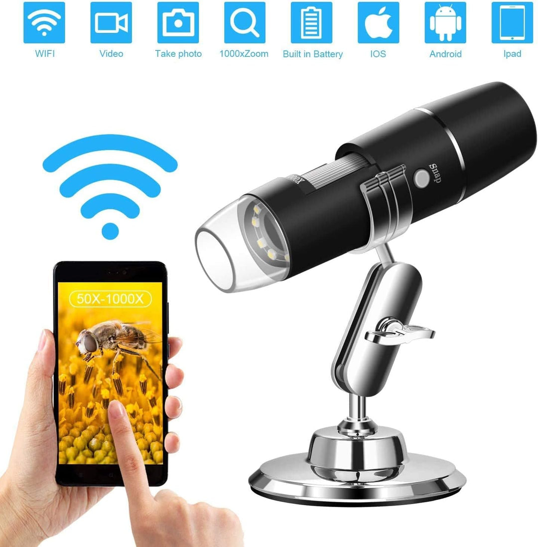 WADEO Digitales USB-Mikroskop, Tragbares WiFi-Mikroskop 50X-1000X Vergrösserung mit Endoskopie und 8