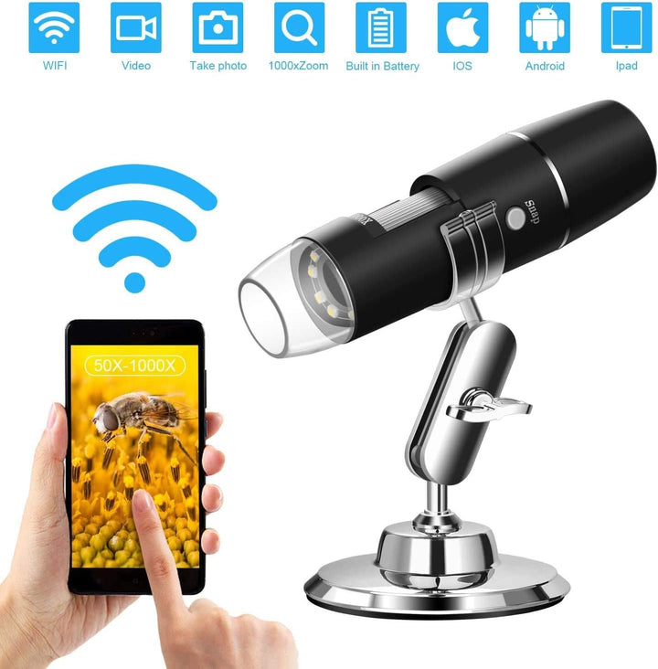 WADEO Digitales USB-Mikroskop, Tragbares WiFi-Mikroskop 50X-1000X Vergrösserung mit Endoskopie und 8
