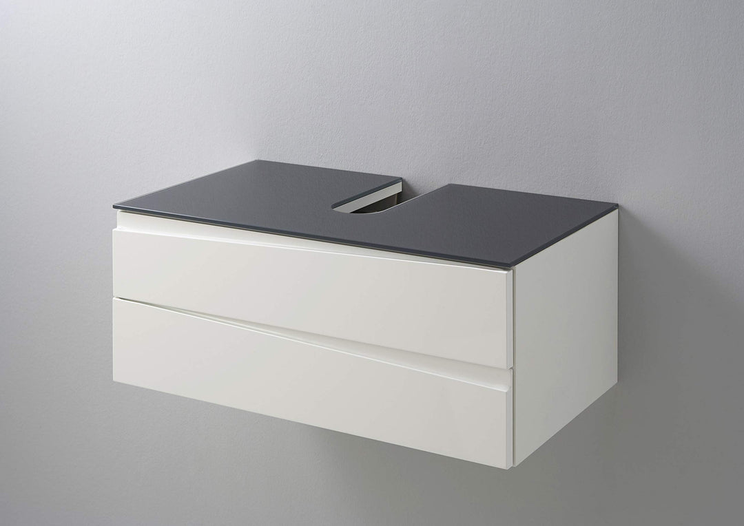 byLIVING Waschtisch SHAPE / Moderne Bad Kommode / Front Hochglanz Weiss / 2 Schubladen mit gefräster