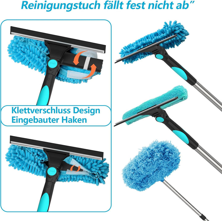 4 in 1 Teleskop Fensterwischer Abzieher Set,24cm~390cm Extra Lange Fensterputzer Set,1 Stauber,3 Mik
