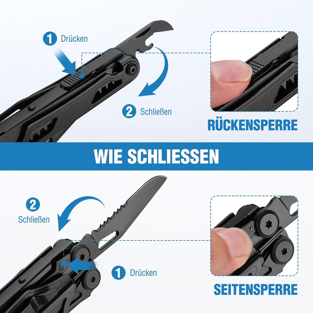 FLISSA Multifunktionszange 19-in-1, Multitool mit Glasbrecher und Feuerstarter, Faltbares Multifunkt