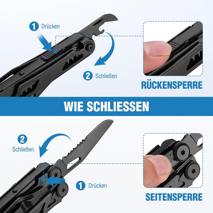 FLISSA Multifunktionszange 19-in-1, Multitool mit Glasbrecher und Feuerstarter, Faltbares Multifunkt