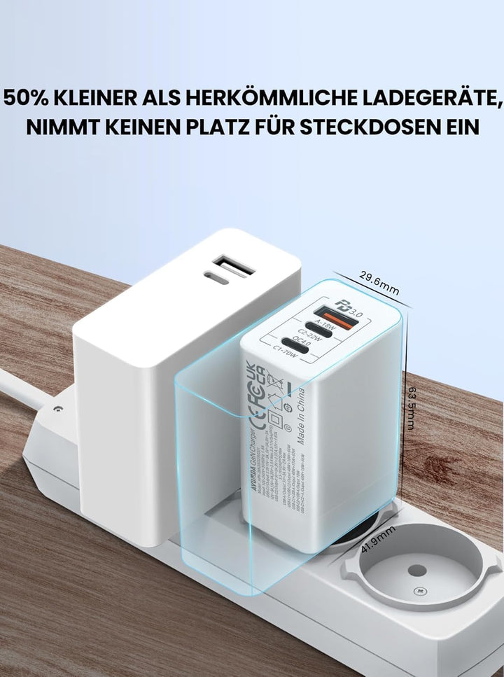 AVUMDA 70W USB C Ladegerät, Type C PD 3.0 GaN Netzteil 3-Port USB C Netzteil für MacBook Pro Air M1