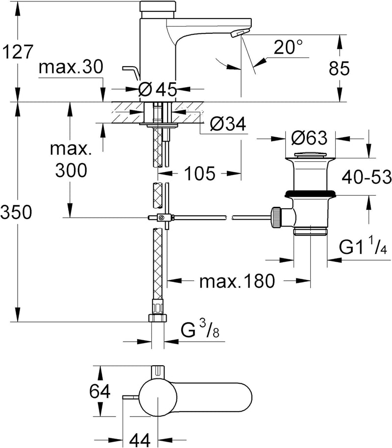 GROHE Eurosmart CS Selbstschluss-Waschtischbatterie mit Mischung und Zugstange 36318000, Silber