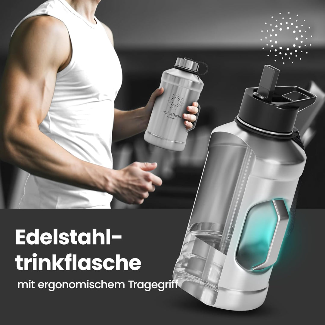 Trinkflasche Edelstahl ACTIVE FLASK + Strohhalm (3 Deckel) | Grosse 1,3 / 2,2 Liter Sportflasche BPA