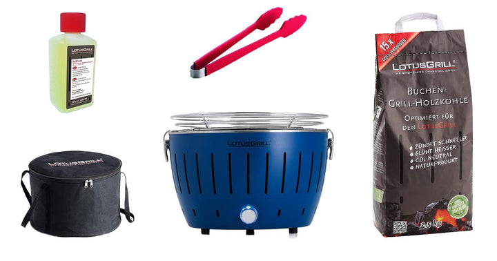 LotusGrill S Small Kompakt Starter-Set Tiefblau der raucharme Holzkohlegrill mit 2,5 kg Buchenholzko