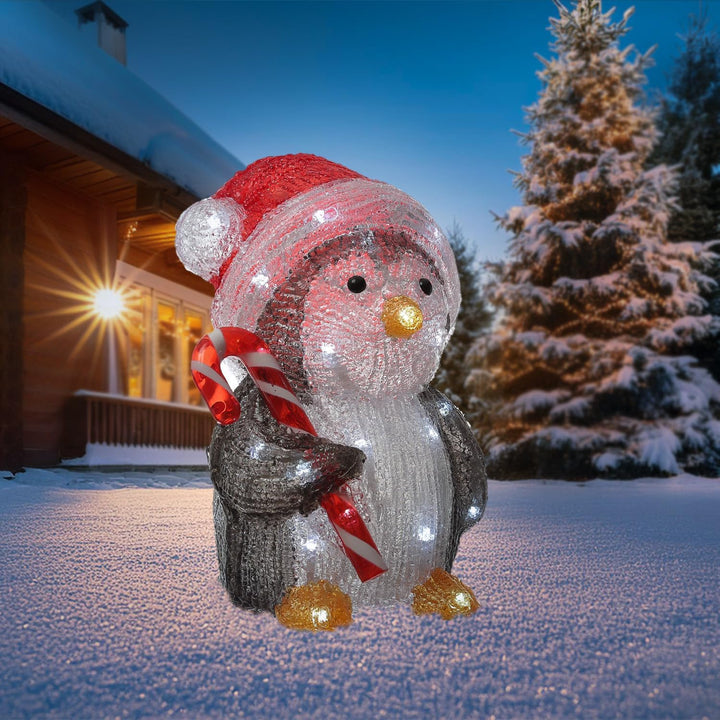 Acrylfigur Weihnachten Aussen Dekofigur Gartenfigur 24cm (LED Pinguin mit Zuckerstange), LED Pinguin