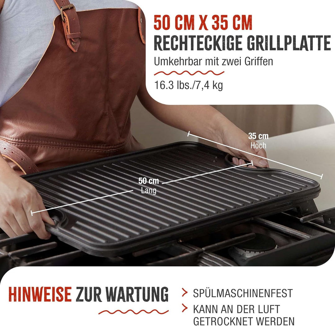 VICTORIA Grillplatte Emailliertes Gusseisen Grillpfanne 50 X 35cm Doppelseitig Verwendbar, für Feuer