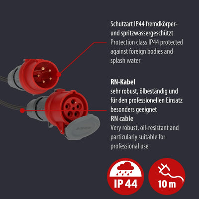 Brennenstuhl CEE Verlängerungskabel IP44 (10m Kabel, H07RN-F 5G2,5, 5-polig mit CEE Stecker und Kupp