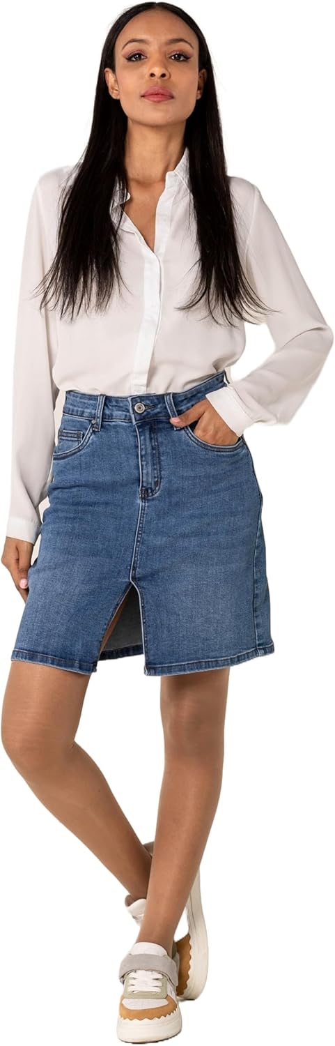 Nina Carter P213 Damen Kurzer Jeansrock mit Vorderem Schlitz Reissverschluss Stretch Used-Look Blau