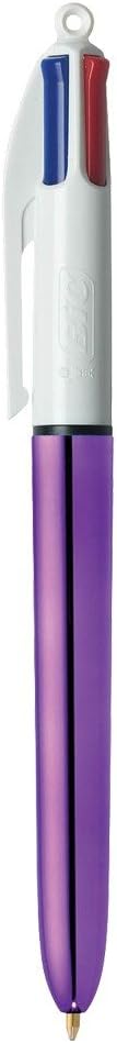 BIC 4 Farben Kugelschreiber 4 Colours Shine, Schaft in metallic lila, 12er Pack, Ideal für das Büro,