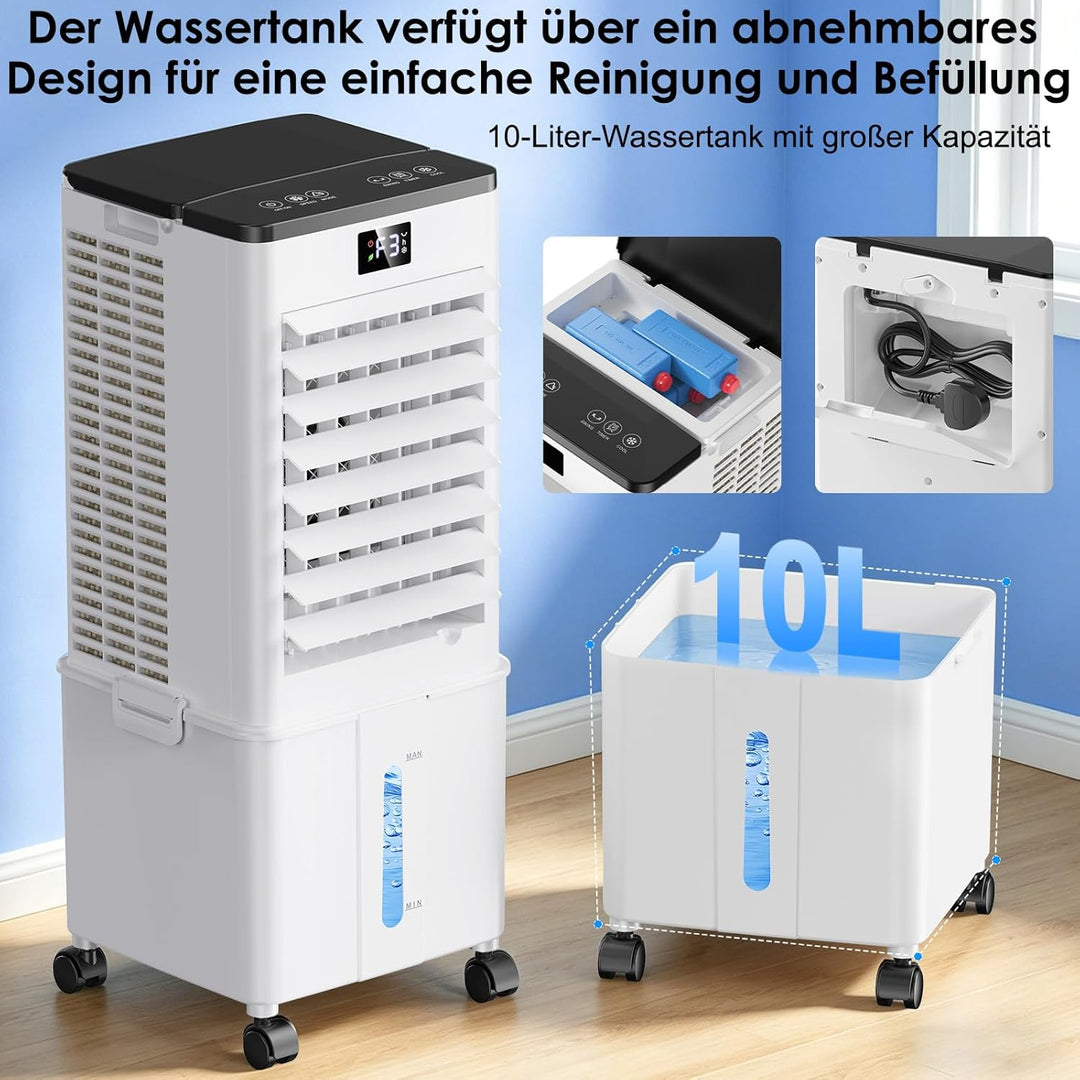 Klimaanlage Mobil 10L ohne Abluftschlauch, 4-in-1 Verdunstungsluftkühler, Klimagerät mit 4 Modi und
