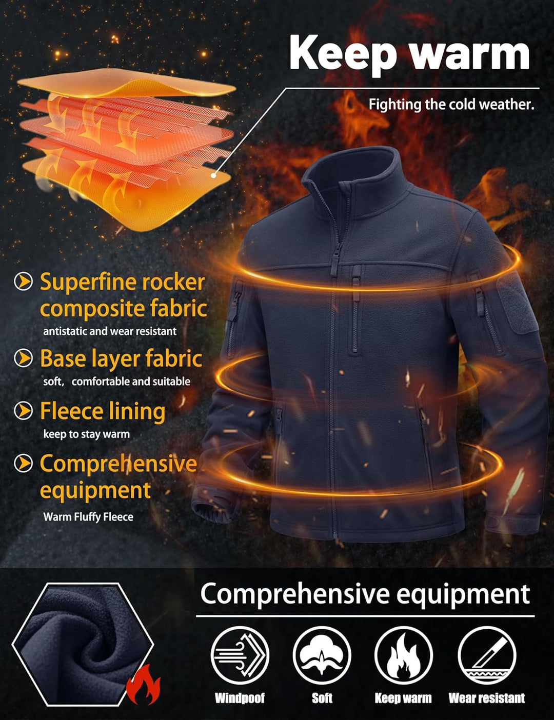 TACVASEN Herren Militär Outdoor Fleecejacke Warme Taktische Jacke Fleece Jacket, Schwarzblau