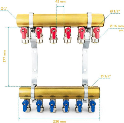 Messing Heizkreisverteiler 6 Heizkreise Set mit 12 x PEX Kugelhahn mit Klemmring 16mm x 1/2" AG & 2