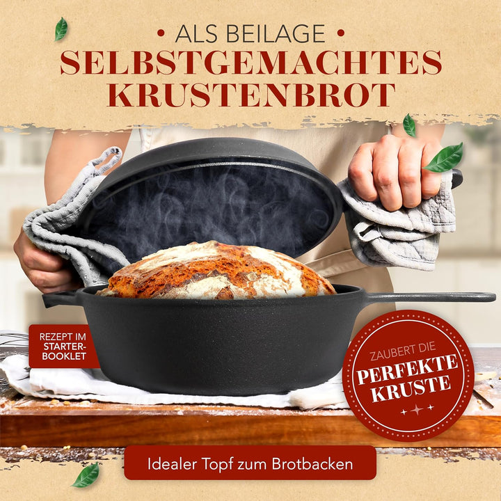 KRUSTENZAUBER Gusseisen Topf [inkl. Fleischgabel] - Robuster 26cm Gusseisen Bräter mit Deckel Backof