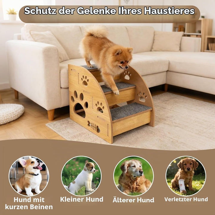 Hundetreppe für Kleine Hunde, Holz Haustiertreppe 3 Stufen Hunderampe für Bett Sofa Balkon, Stabi Ru