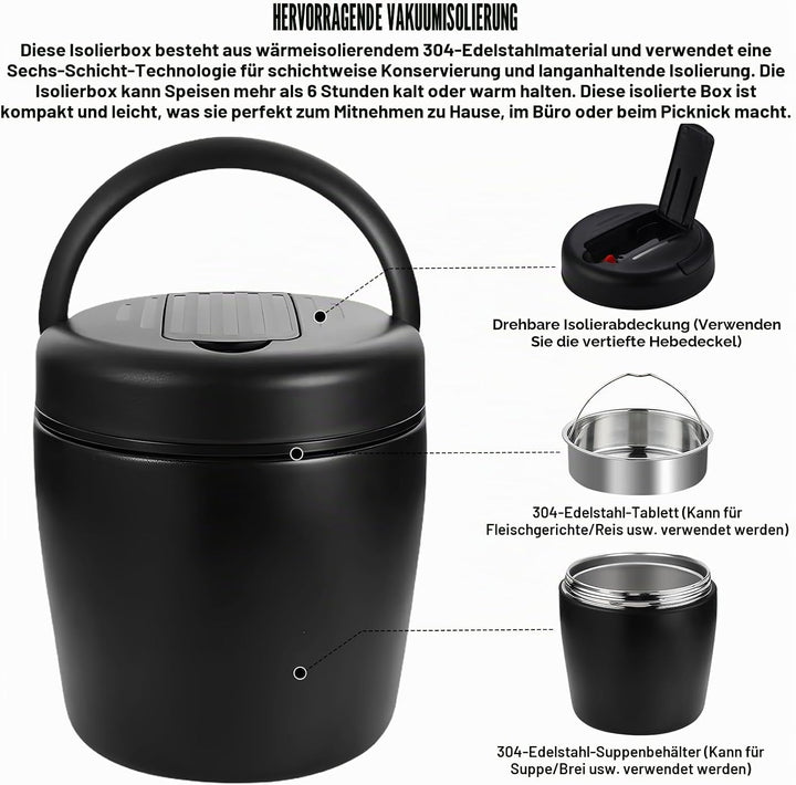Thermobehälter Für Essen 1500ml, Warmhaltebehälter Essen Edelstahl Mit Schnallendeckel Und Löffel, B