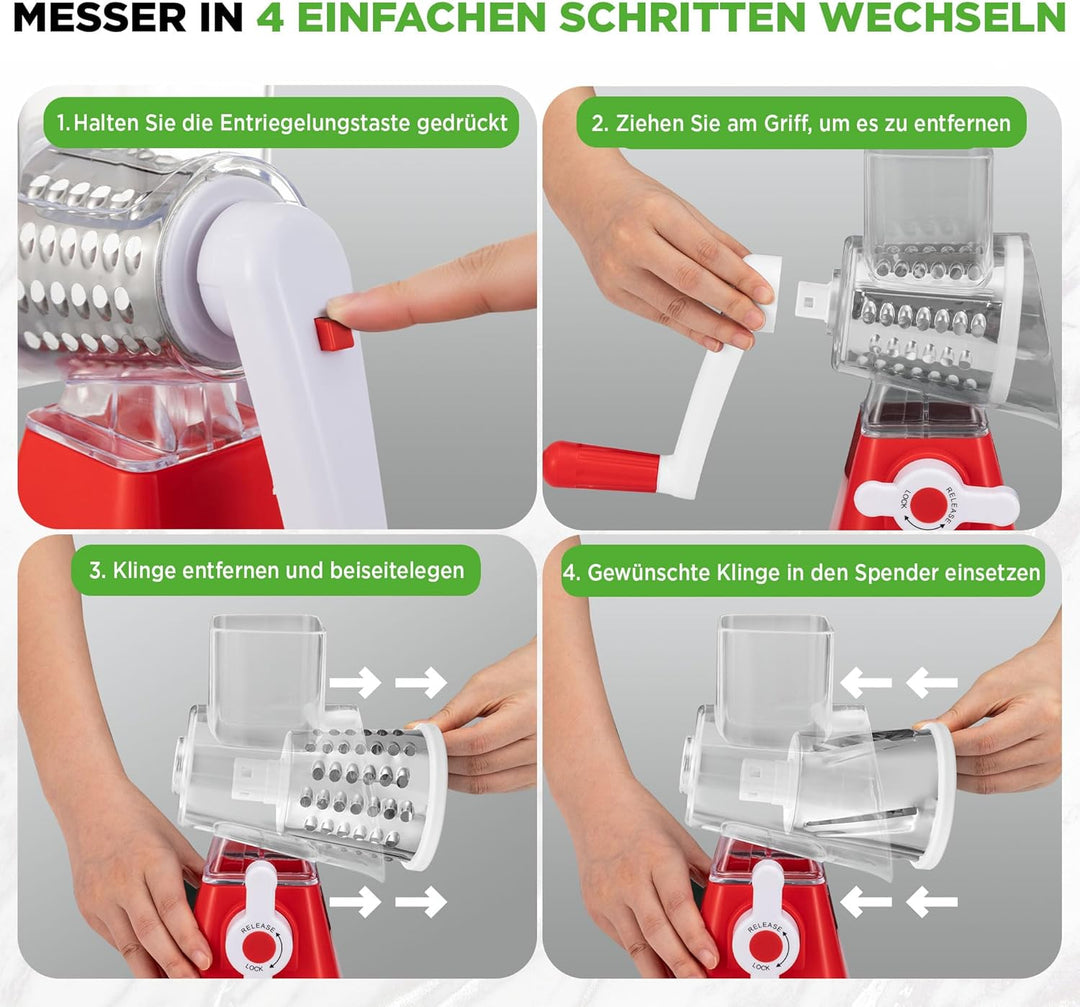NutriChef 3-in-1 Käsereibe - mit Handkurbel – Kompakte Trommelreibe für Gemüse & Käse – 3 Schneidetr