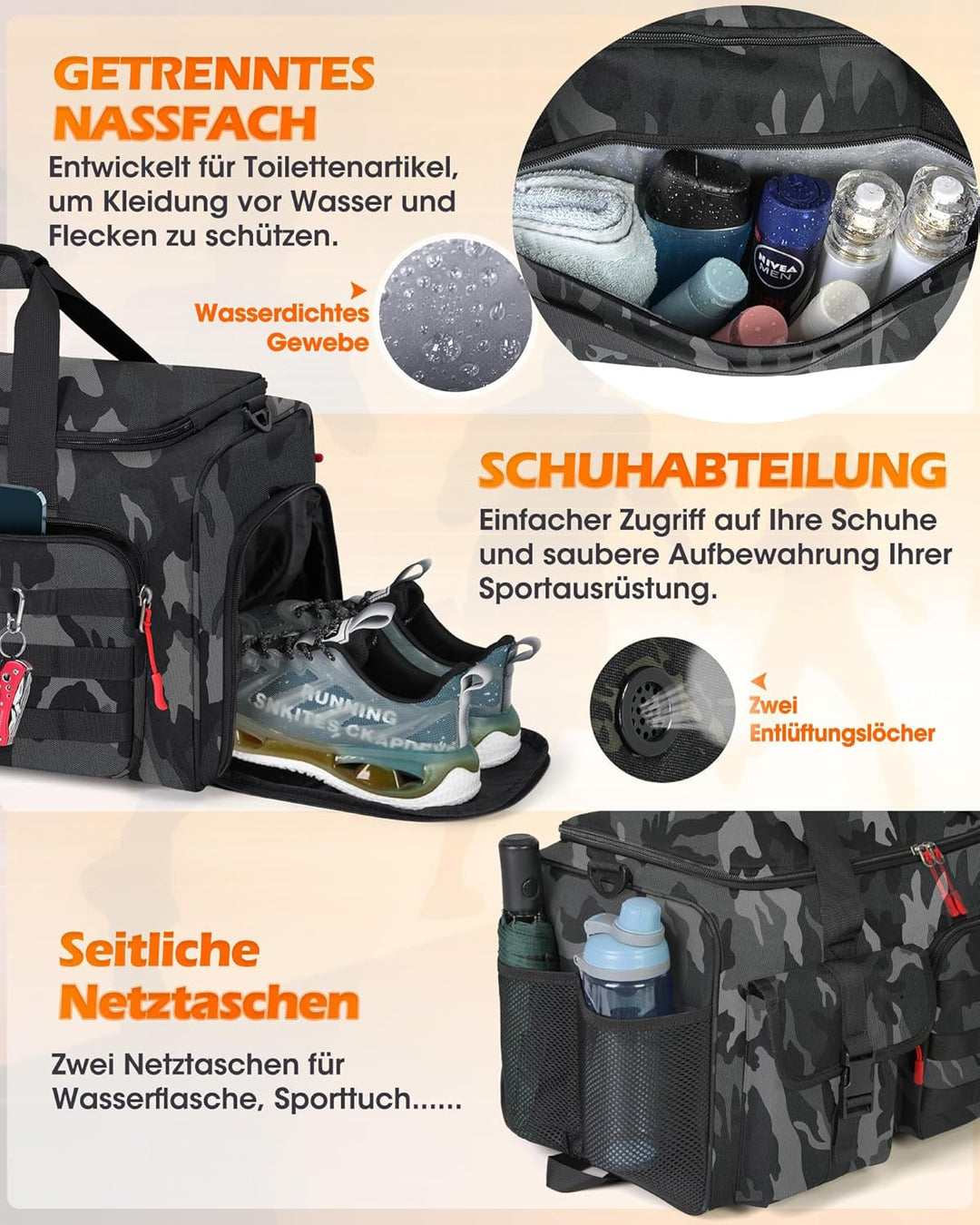 RAINSMORE 3 IN 1 Sporttasche Herren 45L Reisetasche Rucksackfunktion Handgepäck mit Schuhfach Latopf