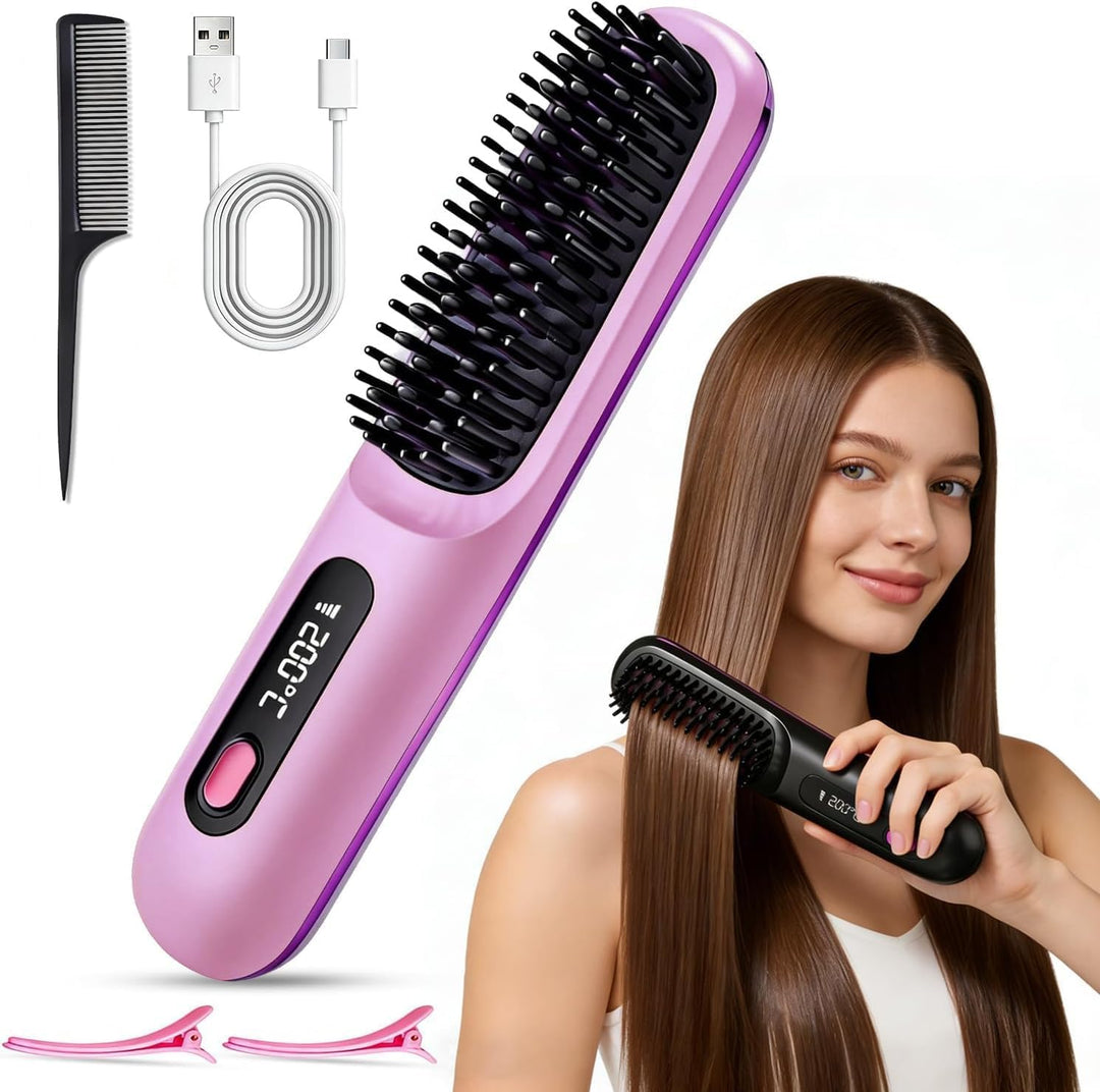 Stylingbürste für Kurze Haare,Glättbürste Kabellos mit LED-Anzeige,Glättungskamm verhindert Haarzieh