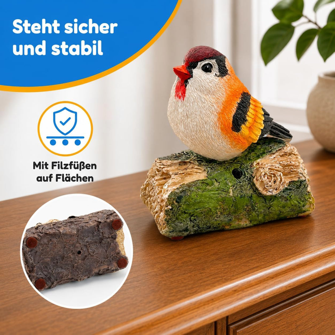 MIJOMA Dekovogel mit Vogelgezwitscher & Bewegungsmelder – Zwitschernder Vogel auf AST, Handbemalt, 1
