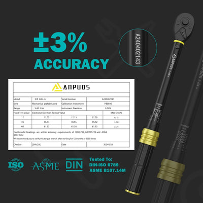 ANPUDS Drehmomentschlüssel 3/8", 5-60Nm Fahrrad & Motorrad Drehmomentschlüssel 9-tlg. Set mit 250mm