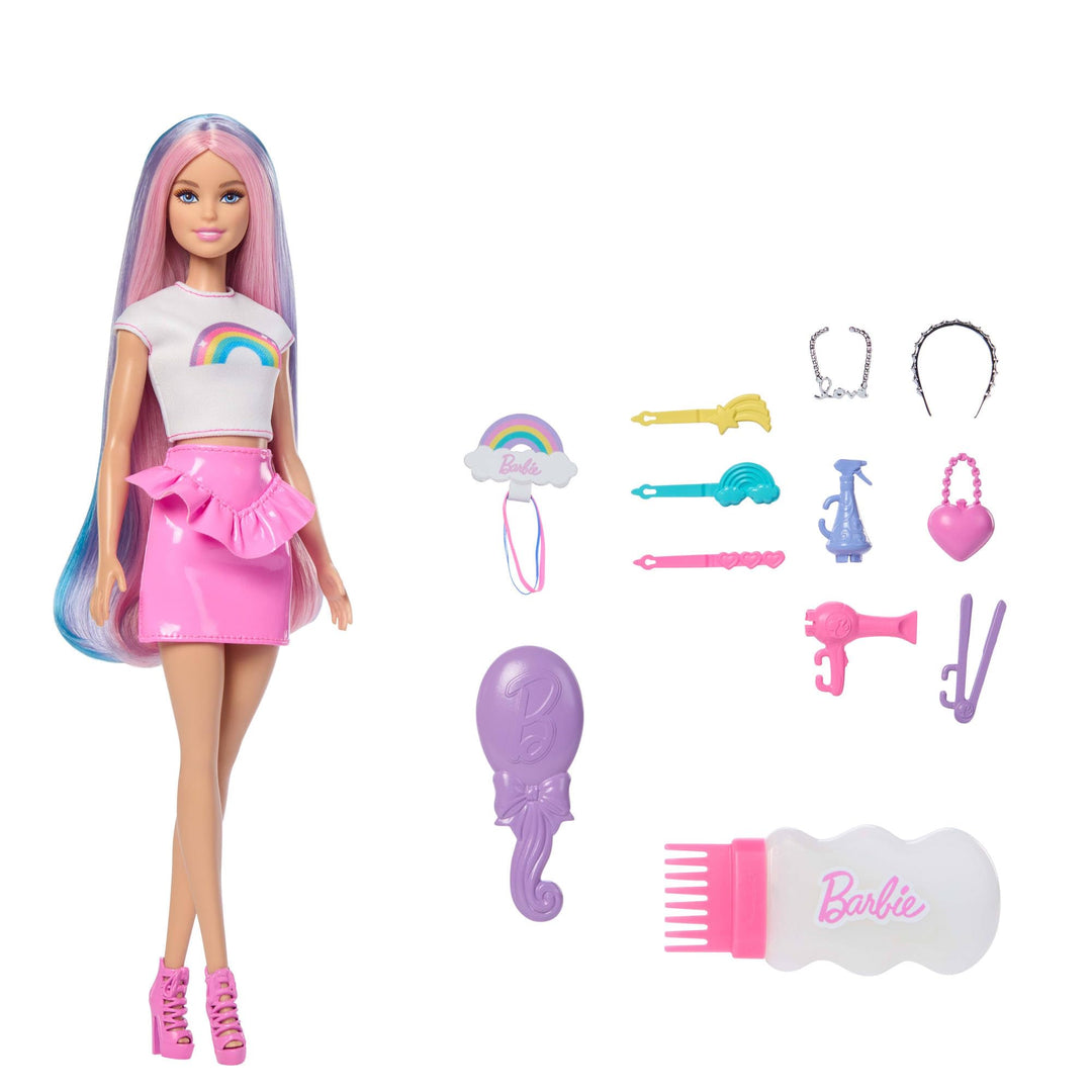 Barbie Regenbogen-Glitzerhaar Puppe, besonders Lange und Bunte Haare mit 12 Styling-Zubehörteilen wi