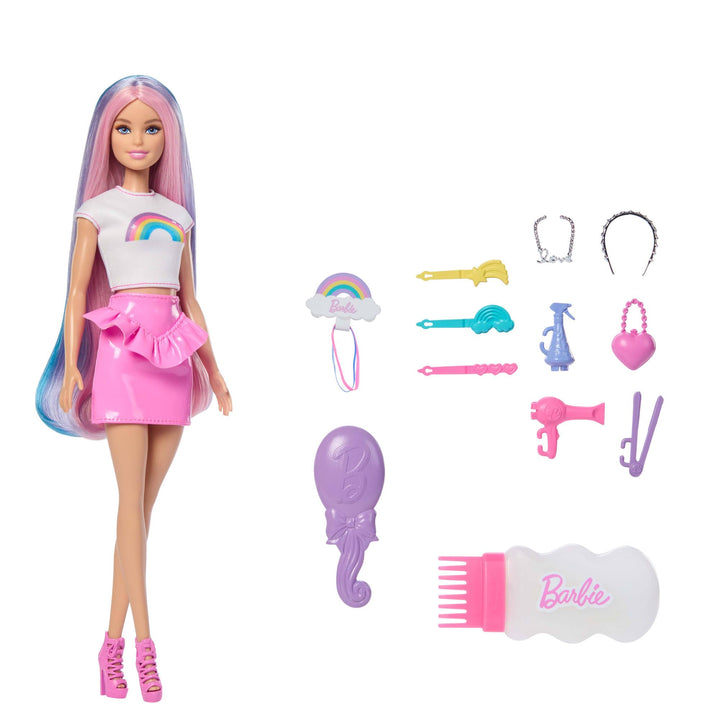 Barbie Regenbogen-Glitzerhaar Puppe, besonders Lange und Bunte Haare mit 12 Styling-Zubehörteilen wi