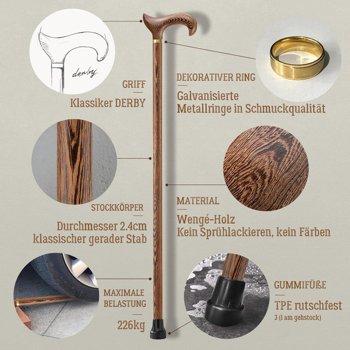 Handgefertigter Gehstock Holz Damen und Herren, mit 226 kg Belastbarkeit Gehstöcke Für Senioren,Ergo
