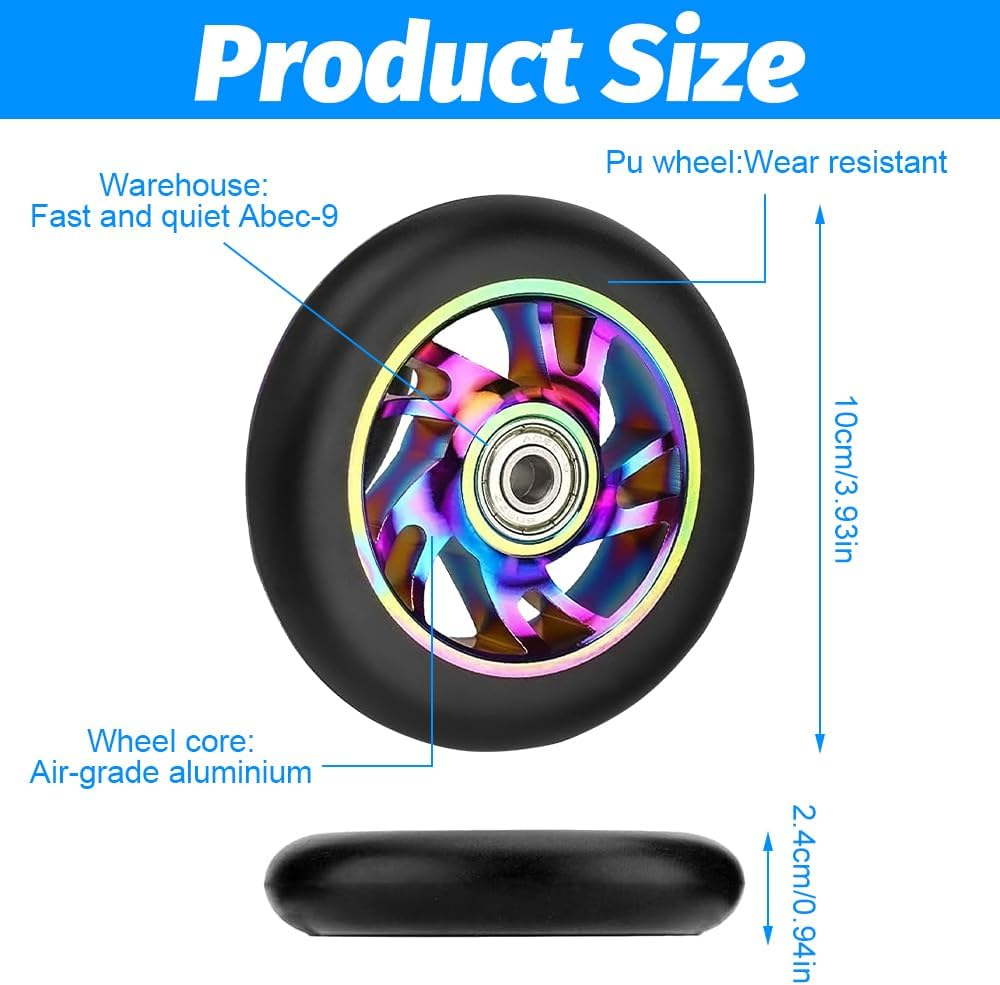 2 Stück Stunt Scooter Rollen 100mm, Ersatzräder für Stunt Scooter Reifen88A, Aluminium Roller Reifen