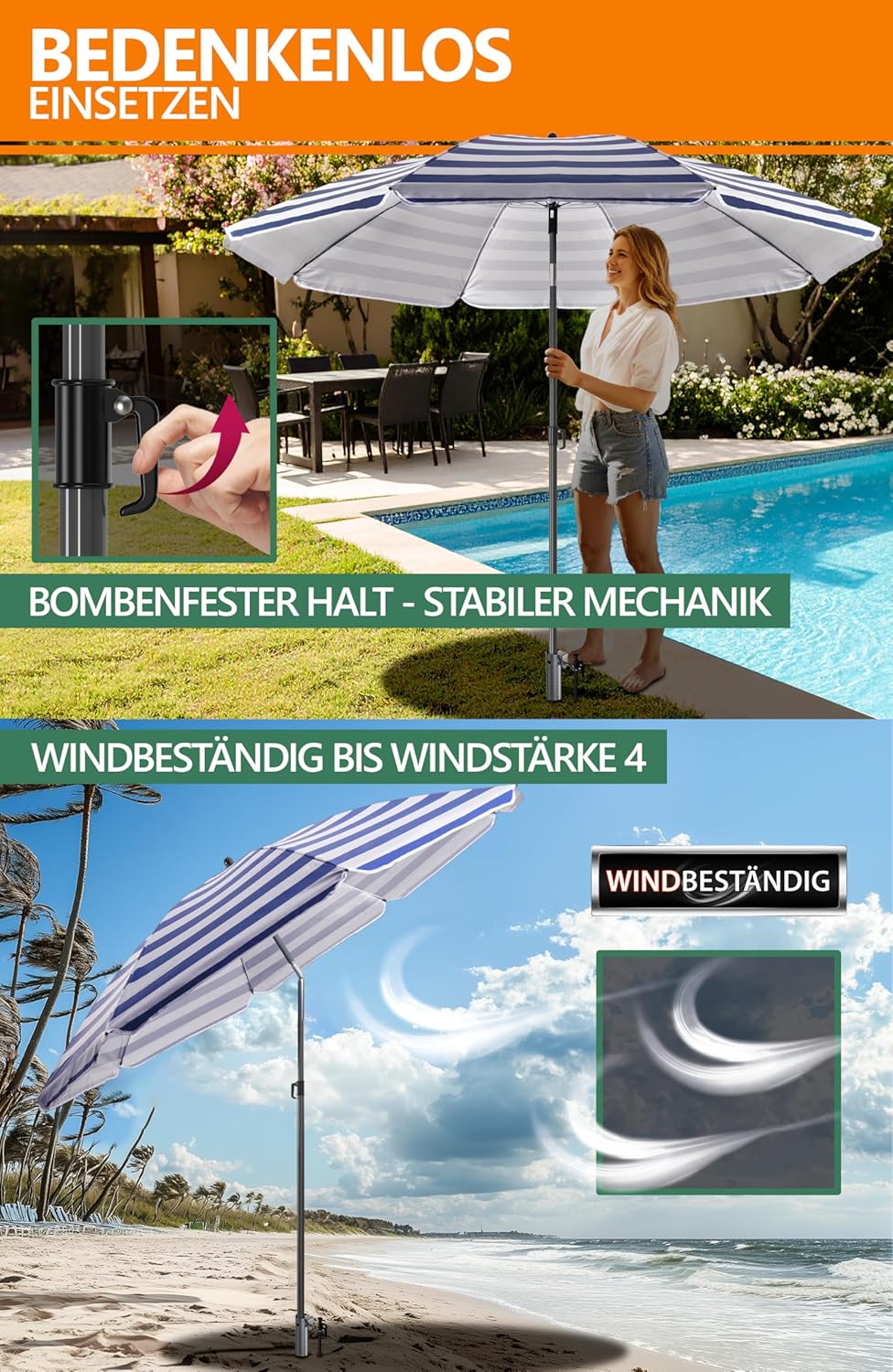 4smile Sonnenschirm Strand Ø 180 cm SET mit Eindrehbodenhülse, Blau-Weiss | Strandschirm Windfest St