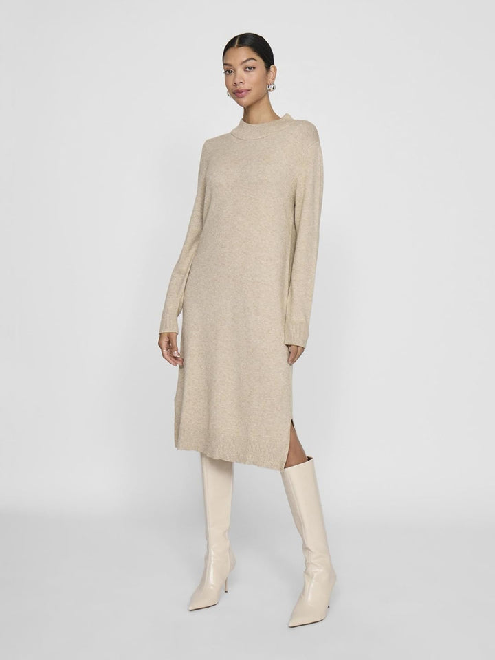 Vila Damen VIRIL Crew Neck L/S MIDI Dress - NO 14061427 XS Natural Melange, XS Natural Melange