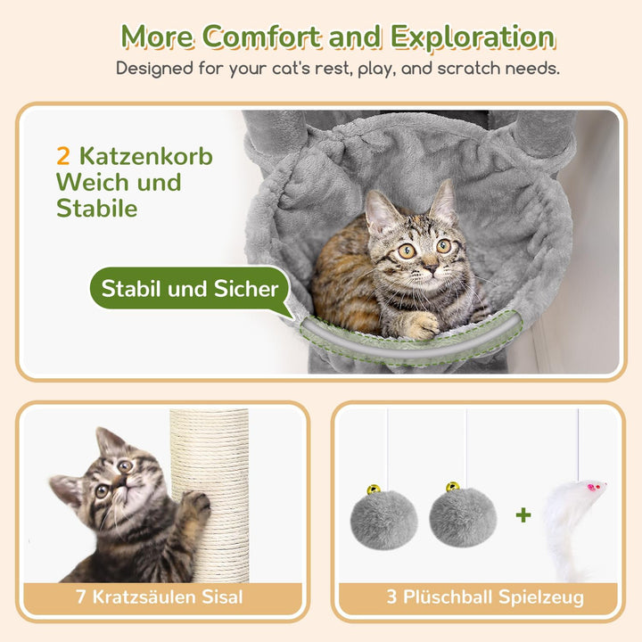 Globlazer Kratzbaum Grosse hoch 188 cm mit 2 Grosser Katzenhaus, Gepolsterte Plattform, 2 Katzenkorb