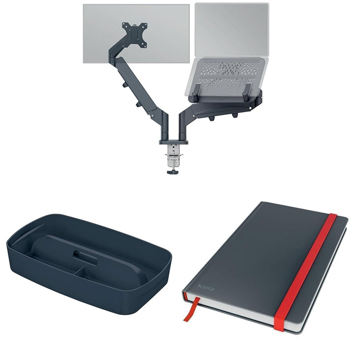 Leitz Ergo Set platzsparender Monitor- und Notebookarm mit MyBox Aufbewahrungsschale und hochwertige