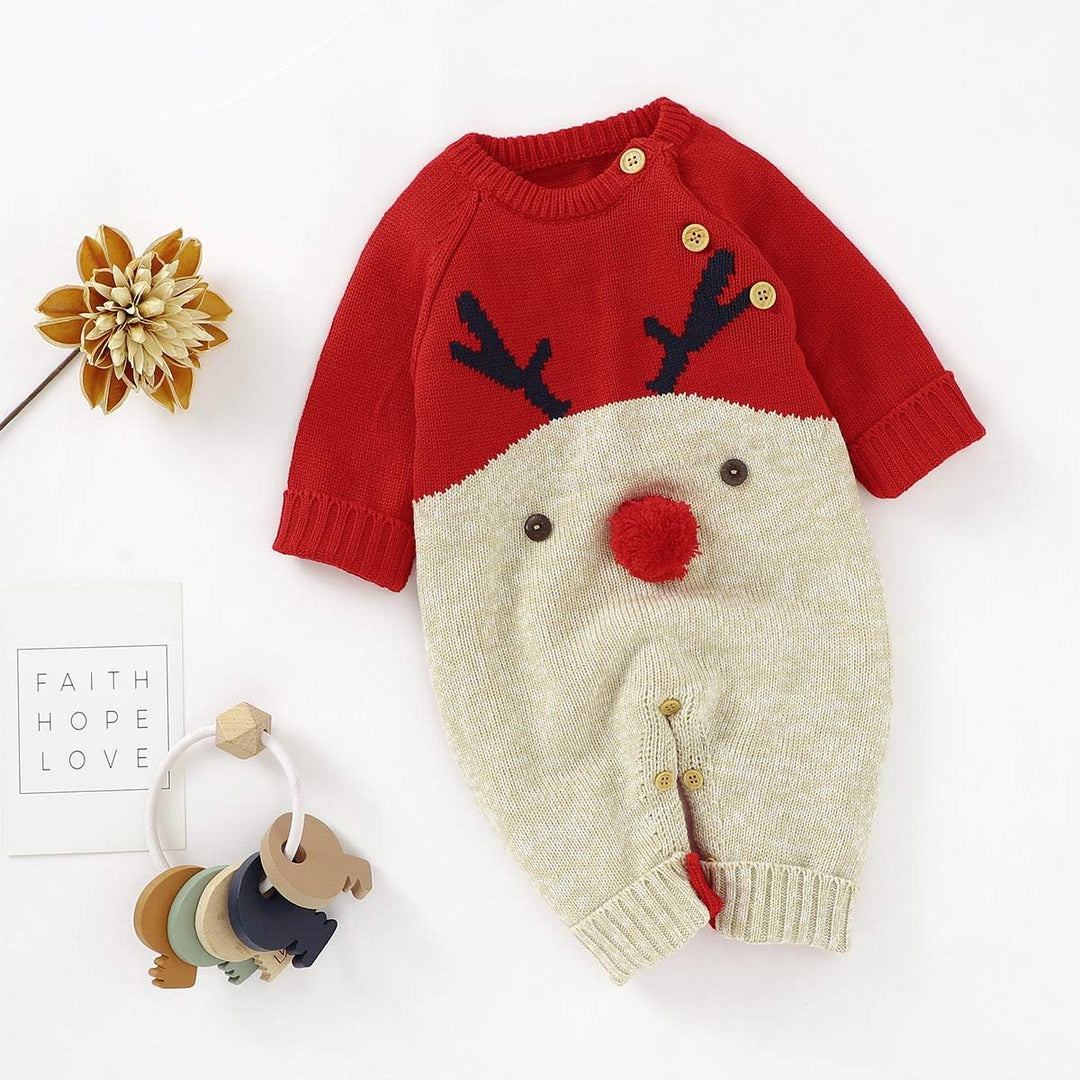 Neugeborenes Baby Mädchen Jungen Weihnachten Outfit Langarm Strick Strampler Overall Rentier Print B